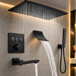 Luxe inbouw regendouche 80x40 cm mat zwart met thermostaat en waterval