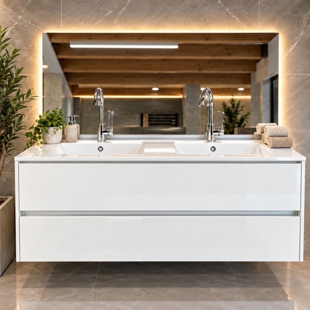 Luxe wit badkamermeubel met dubbele wastafel en spiegel – TegelOutlet XL