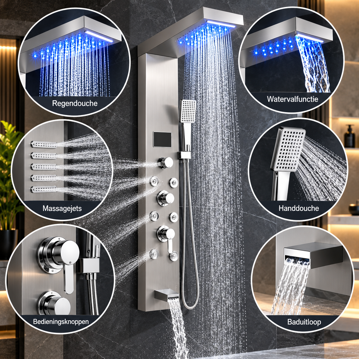 Luxe 5-in-1 Douchepaneel met LED & Massagejets – 3 Kleuren | TegelOutlet XL - Afbeelding 4
