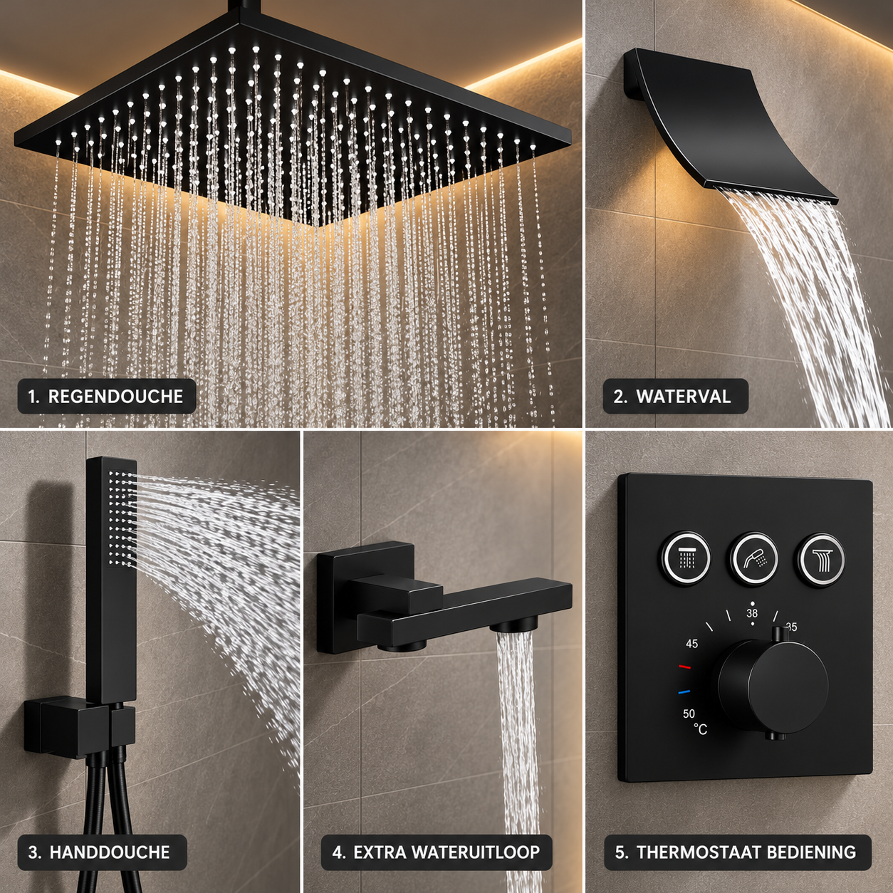 Luxe inbouw regendouche 80x40 mat zwart met waterval, handdouche en thermostaat