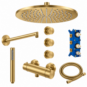 STRIA complete inbouw regendoucheset geborsteld goud PVD met thermostaat