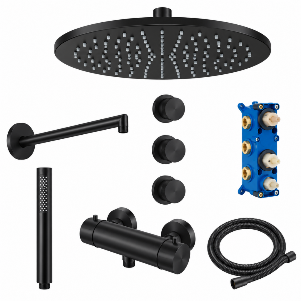 STRIA complete inbouw regendoucheset mat zwart PVD met thermostaat
